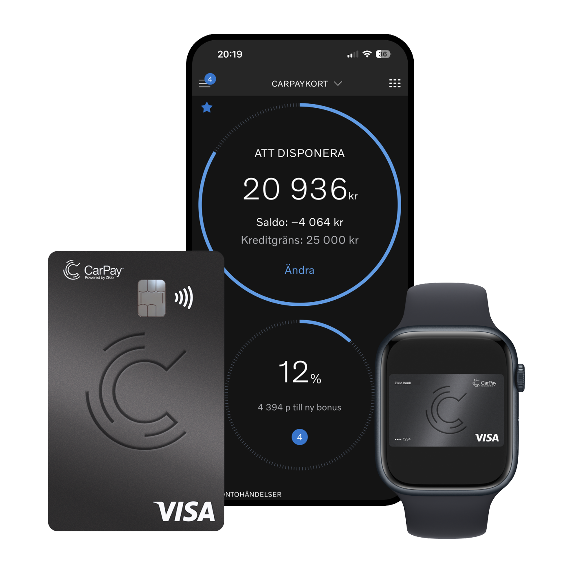 CarPaykortet, appen CarPay i mobil och klocka.